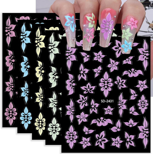 Flower Nail Stickers 5 Sheets Self-Adhesive Floral Nail Decals 5D Embossed Pink Purple Blue Nail Art Stickers Flower Pegatinas para Uñas for Women DIY Manicure Accessories Decorations