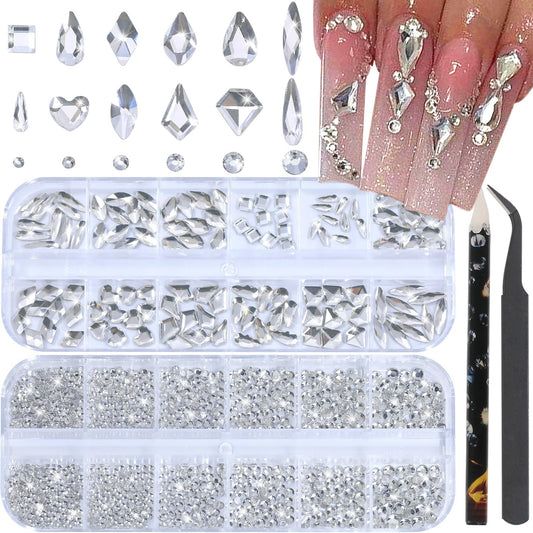 Nail Rhinestones - 3D Multi Shape Size, Flat Back, Manicure Rhinestones Charms, Crystals White Gems, with Kit, for Nail Art, Bedazzling Acrylic Nails, DIY Decor