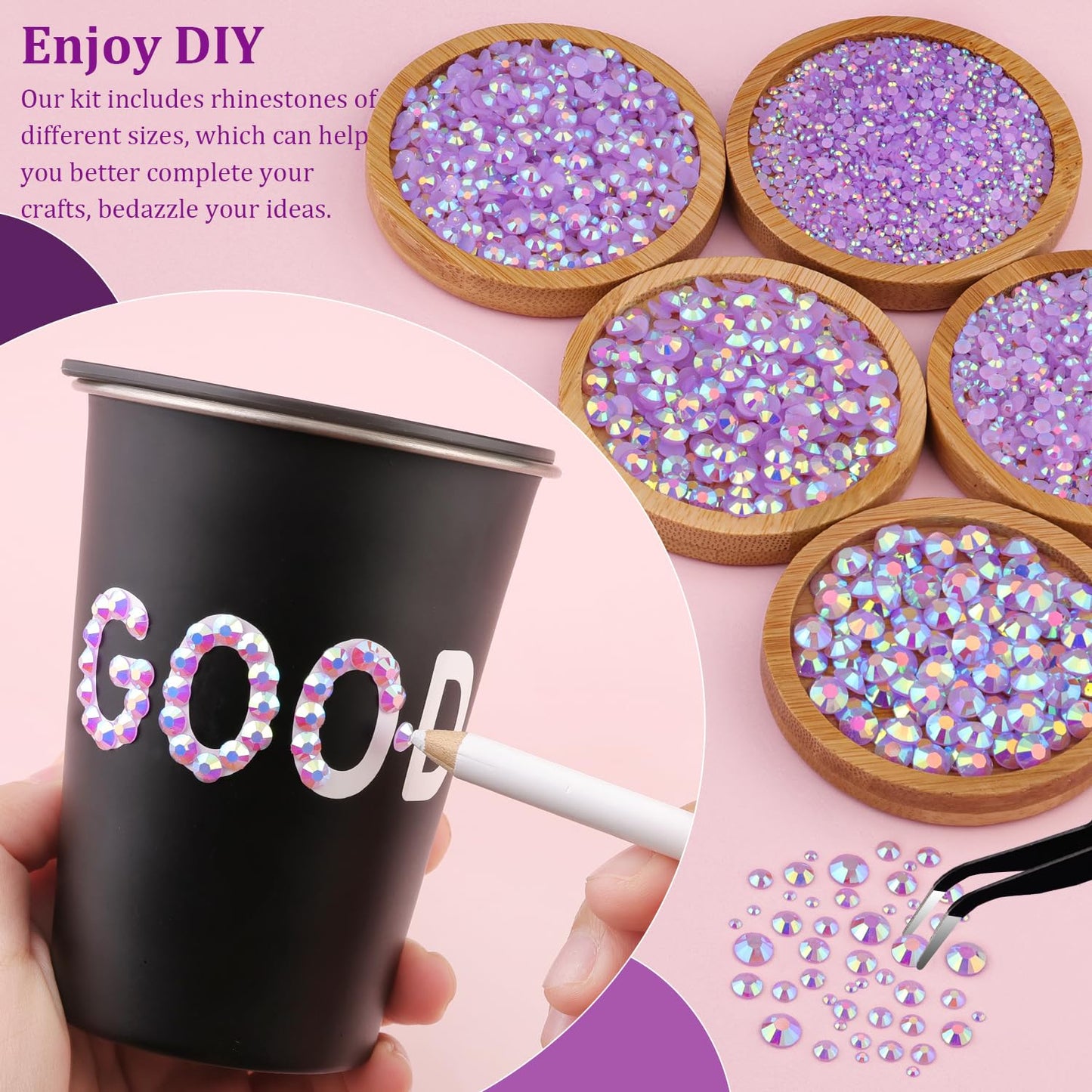 Resin Jelly Rhinestones for Crafting with B7000 Jewelry Glue, 2 Boxes Light Purple AB Flatback Crystals with 3Pcs 10ml Glue, Bedazzling Non Hotfix Gems for DIY Tumblers Clothing Shoes Manicure