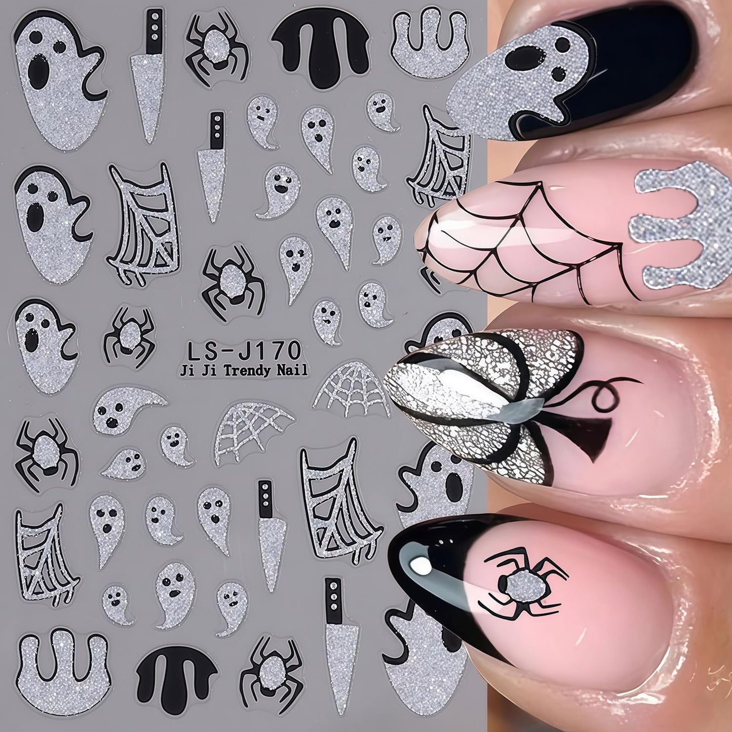Halloween Nail Art Stickers Spider Web Nail Decals 2 Sheets 3D Self-Adhesive Glitter Spider Ghost Blood Nail Decals Day of Death Nails Stickers Holiday DIY Manicure Decoration Sticker for Women