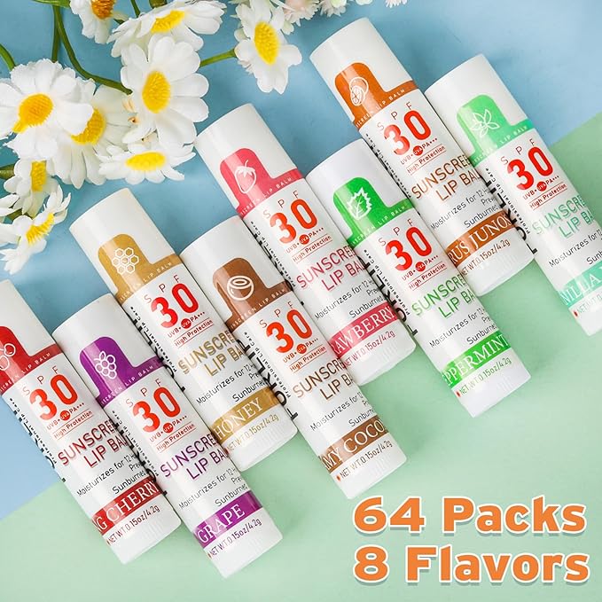 SPF 30 Lip Balm with Sunscreen, SPF Lip Balm Bulk Travel Size-64 Pack, Hydrating Lip Balm Pack with Vitamin E and Coconut Oil- 8 Flavors