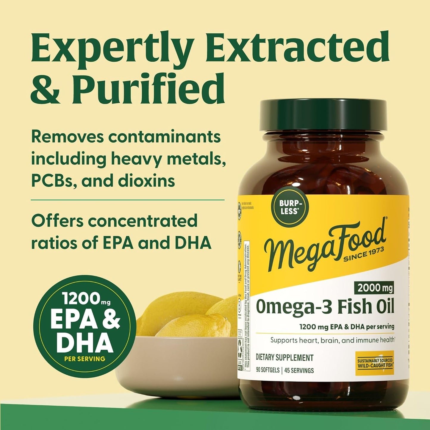 MegaFood 2000mg Fish Oil Omega 3 Supplements - Burp-Less & Lemon Oil Infused - Heart, Brain, Eye, Joint & Immune Support Supplement - 1200mg EPA & DHA Per Serving - 90 Softgels, 45 Servings