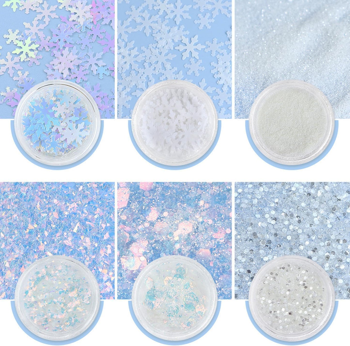 Snowflake Nail Art Glitter White Blue Winter Nail Sequins Flakes, White Manicure fine Glitter Powder, 3D Holographic Round Hexagon Nail Stickers Decals Supplies Nail Charms for Women 6 Box