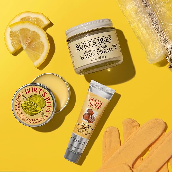 Burt's Bees Back to School Gifts Ideas, 3 Body Care College Dorm Products, Hand Repair Set - Almond and Milk Cream, Lemon Butter Cuticle Cream & Shea Butter Cream, with gloves