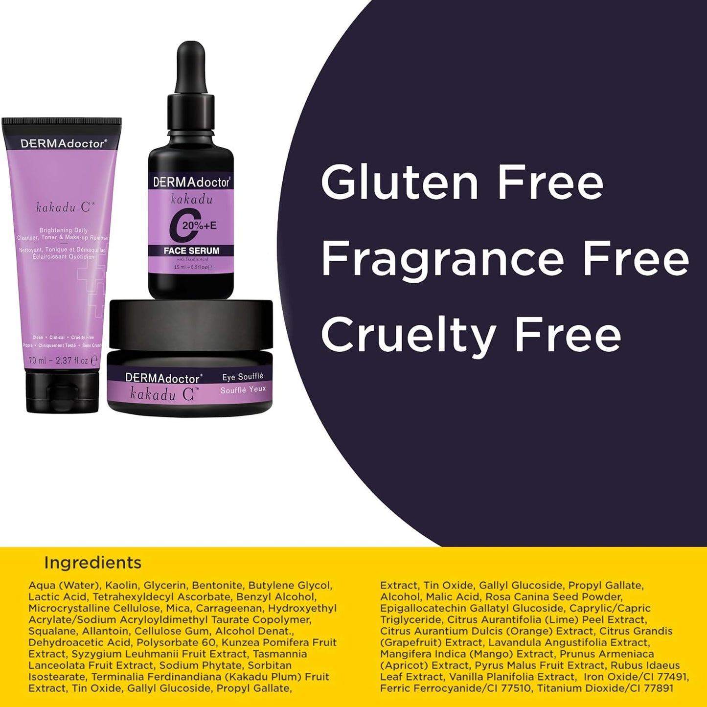 DERMAdoctor 20% Vitamin C Face Serum 0.5 fl oz Cleanser 2.37 fl oz with Caffeine Eye Cream Vitamin E & Ferulic Acid | Kakadu C Anti Aging, Hydrating & Discoloration Correcting Serum