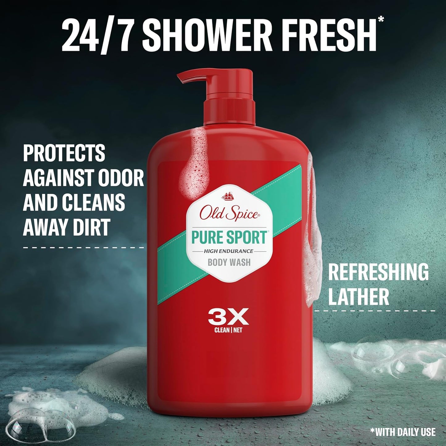 Old Spice Refreshing Body Wash for Men, High Endurance, 3X Defense, 24/7 Shower Fresh with Long Lasting Scent, Pure Sport Scent, 33.4 oz (Pack of 4)