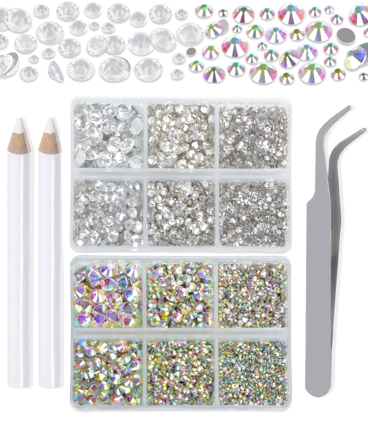 LPBeads 6000 Pieces Clear and Clear AB Non Hotfix Rhinestones 6 Sizes Round Crystal Glass Flat Back Rhinestones with Tweezers and Picking Pen for Nail Art Crafts Clothes Bags DIY