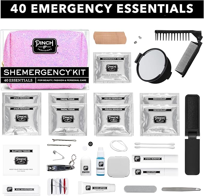 Pinch Provisions Shemergency Kit for Her, 40 Emergency Essential Items, Compact, Multi-Functional Pouch, Gift for Women, Birthday, Bachelorette Parties, and More!