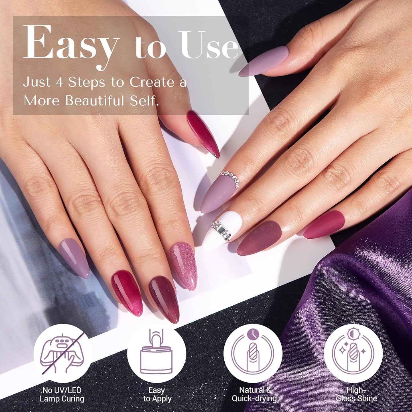 AZUREBEAUTY Dip Powder Nail Kit Dark Purple Lilac Purple Glitter 4 Colors Dip Liquid Set with Base/Top Coat Activator for French Art Manicure DIY Gift