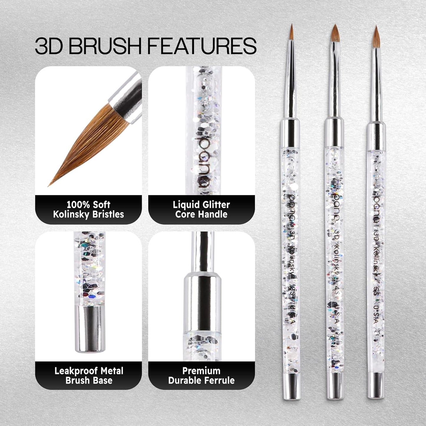 PANA 3D Kolinsky Nail Art Brush - Silver Glitter Handle, Size 5 - Acrylic Nail Art Sculpture Brush for Manicures Pedicure Salon Professional or Beginner