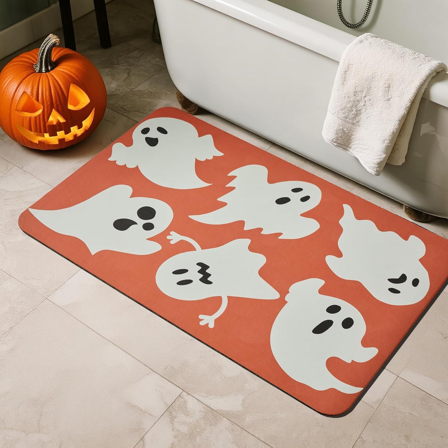 Halloween Bath Mat, Thin Halloween Bathroom Rug Non Slip Quick Dry Bath Mat Fits Under Door Thin Floor Mat Halloween Decor, 24''x36'', Cute Ghosts Orange