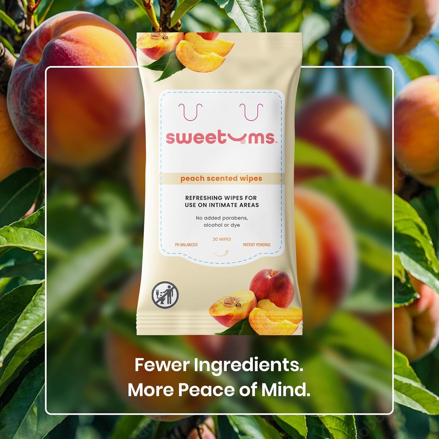 Peach Scented Daily Feminine Wipes for Women – pH Balanced Unflavored Intimate Wipes – Water-Based, Aloe-Infused, Gentle on Sensitive Skin – Vegan, No Alcohol or Dyes, Travel-Friendly - 30ct