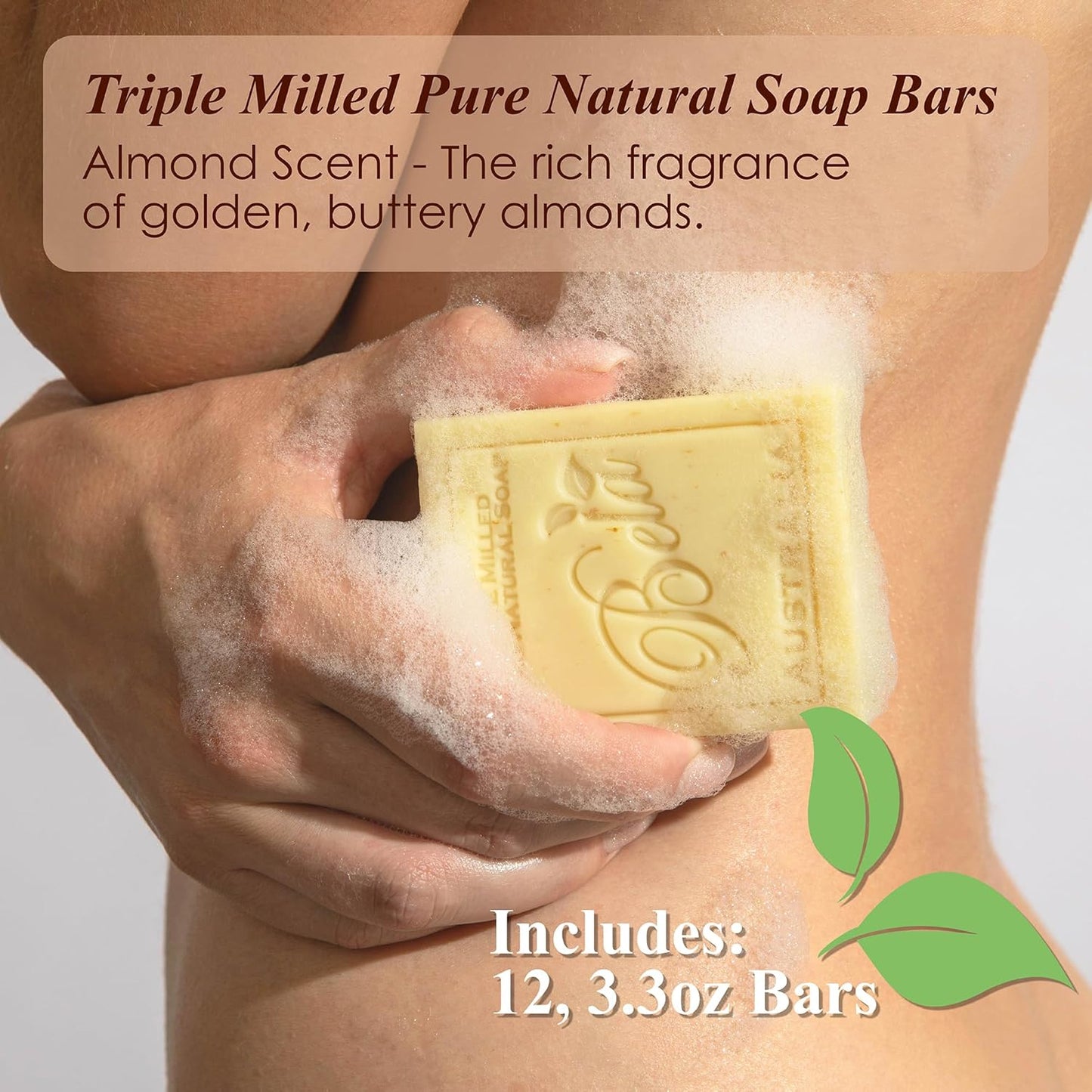 BELA Almond Soap 3.3 OZ Pack of 12, French Triple Milled Bar Soap with Organic Shea Butter, Hand, Face and Body Wash Bar Made in Australia