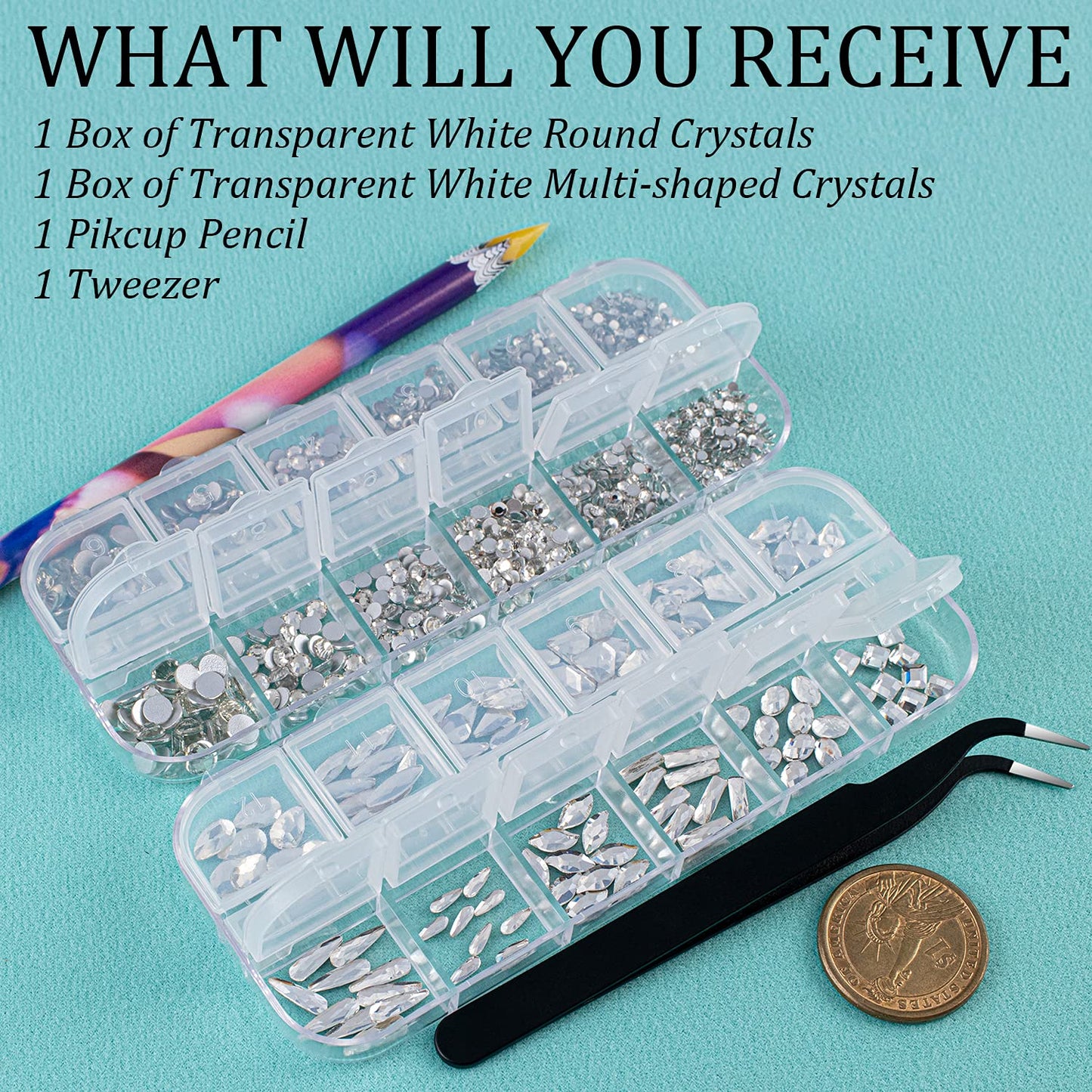Multi Shapes Transparent White 3D Glass Crystal Nail Art Rhinestones Kit with Flatback Round Bead Charm Gem Stone Jewelry Diamond with Pickup Pen + Tweezer for Manicure Makeup DIY Craft Decoration