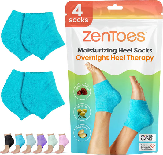 ZenToes Moisturizing Socks for Cracked Heel Treatment - Vitamin E, Olive Oil and Jojoba Oil Infused Heel Socks to Soften and Hydrate (Fuzzy Blue, Wide Width)