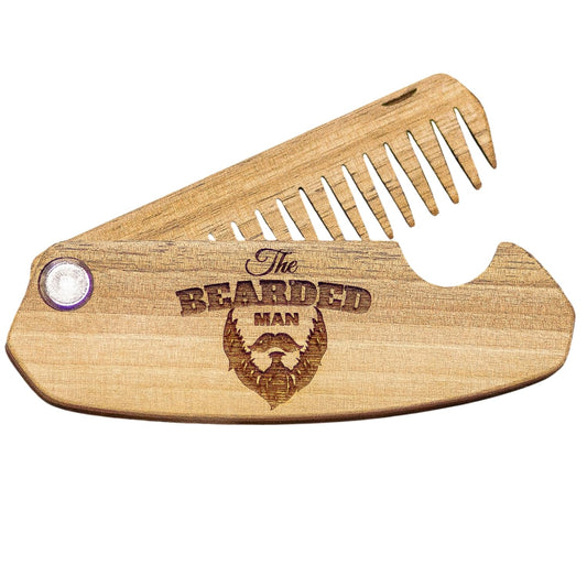Beard Comb for Men Pocket Folding Combs for Mustache & Hair Travel Natural Wooden Comb with Real Man Engraving - Perfect for Use w/Beard Balm Oil (The Bearded Man)