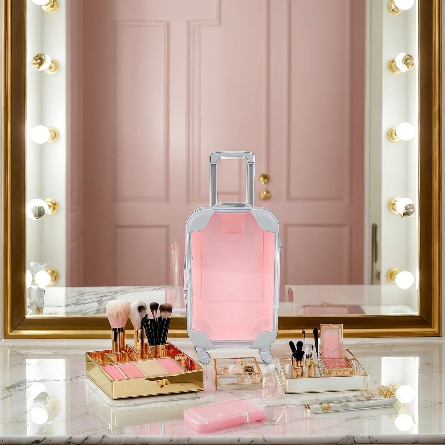 False Eyelash Storage Box, Portable Travel Organizer Mini Luggage False Eyelash Tray Makeup Tool (PINK)