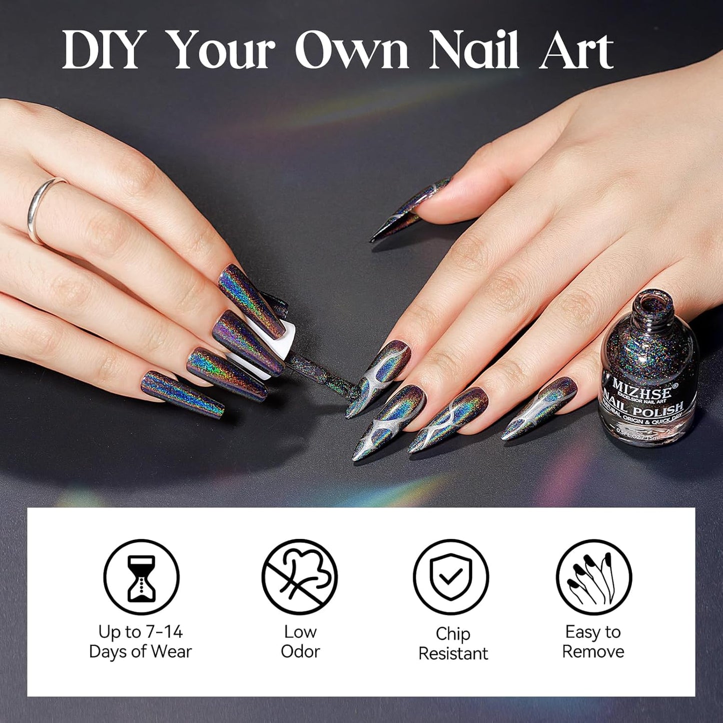MIZHSE Holographic Nail Polish, Black Glitter Nail Polish Air Dry Fast, 15 ml 0.5 fl oz High Glossy Shiny Nail Pigment Oil-based Laser Iridescent Chrome Halo Nail Art Salon Manicure Home