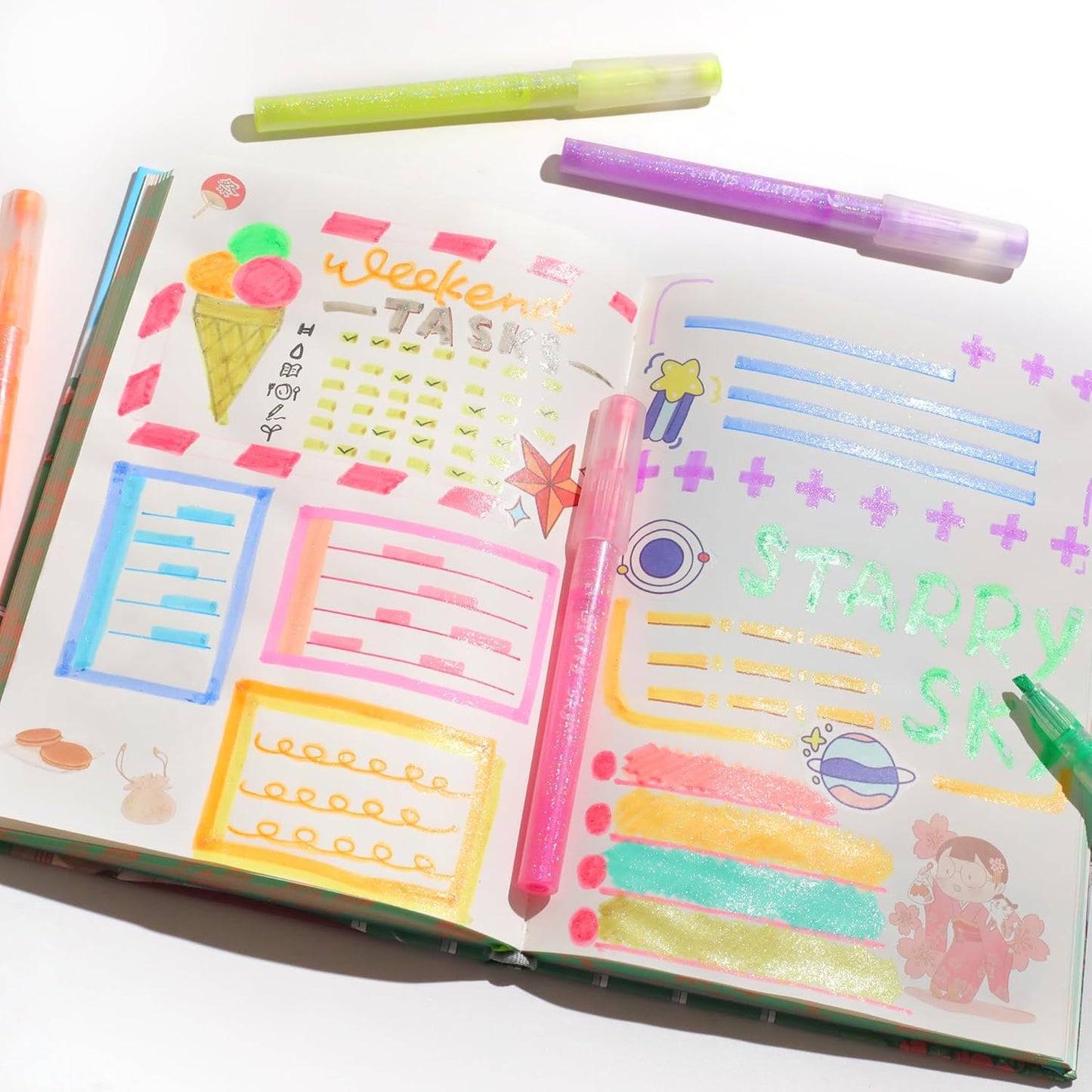 Glitter Highlighters Assorted Colors, 10-Count Chisel Tip Sparkle Highlighters, No Bleed Pastel Highlighter Marker Pens for Adult Coloring book Bible Journaling