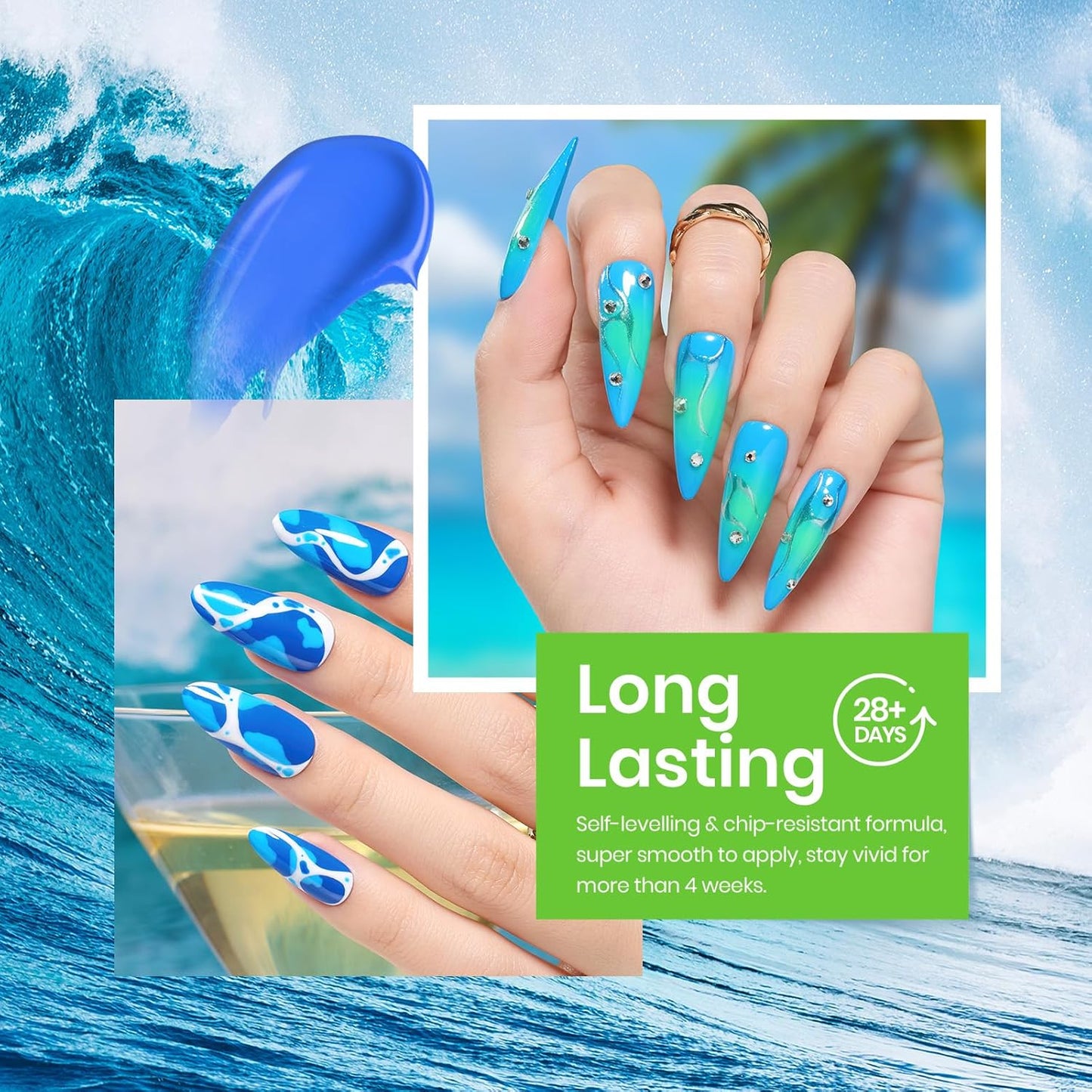 Beetles Blue Gel Nail Polish, 6 Colors Swirl Pacific Blue Glitter Blue Green Gel Polish Swirl Shell Thread Effect Soak Off Nail Art Design Salon Home Manicure Gift for Girls Women