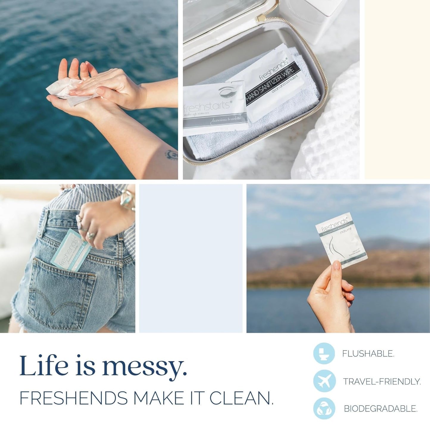 Freshends Flushable Individually Wrapped Wipes – 50 Bulk Pack Luxurious Towelettes, Guest Bathroom Essentials for Weddings, Restaurants, Bars & Clubs – Olive, Travel-Size, Disposable