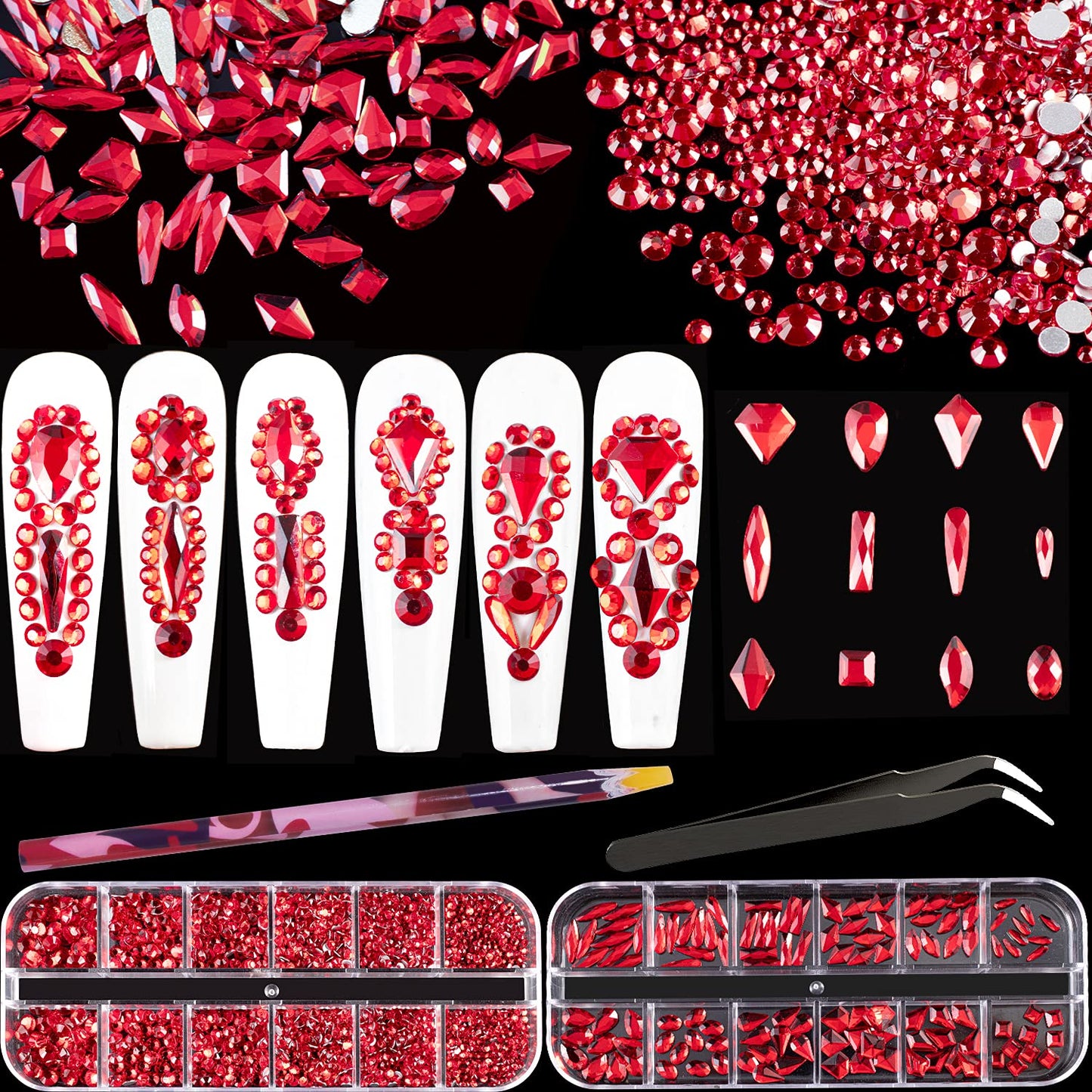 Multi Shapes Red 3D Glass Crystal Nail Art Rhinestones Kit with Flatback Round Bead Charm Gem Stone Jewelry Diamond with Pickup Pen + Tweezer for Manicure Makeup DIY Craft Decoration