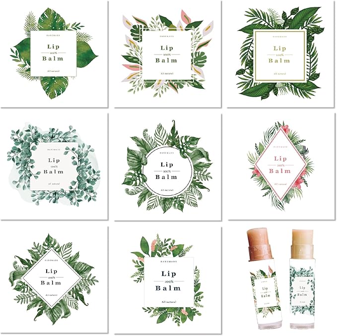 CRASPIRE 80Pcs 8 Styles Labels for Lip Balm Coated Paper Paster Tropical Plants Square Tubes Lip Balm Labels Stickers Natural Homemade Self-Adhesive Stickers Logo for Containers Cosmetics Lipsticks