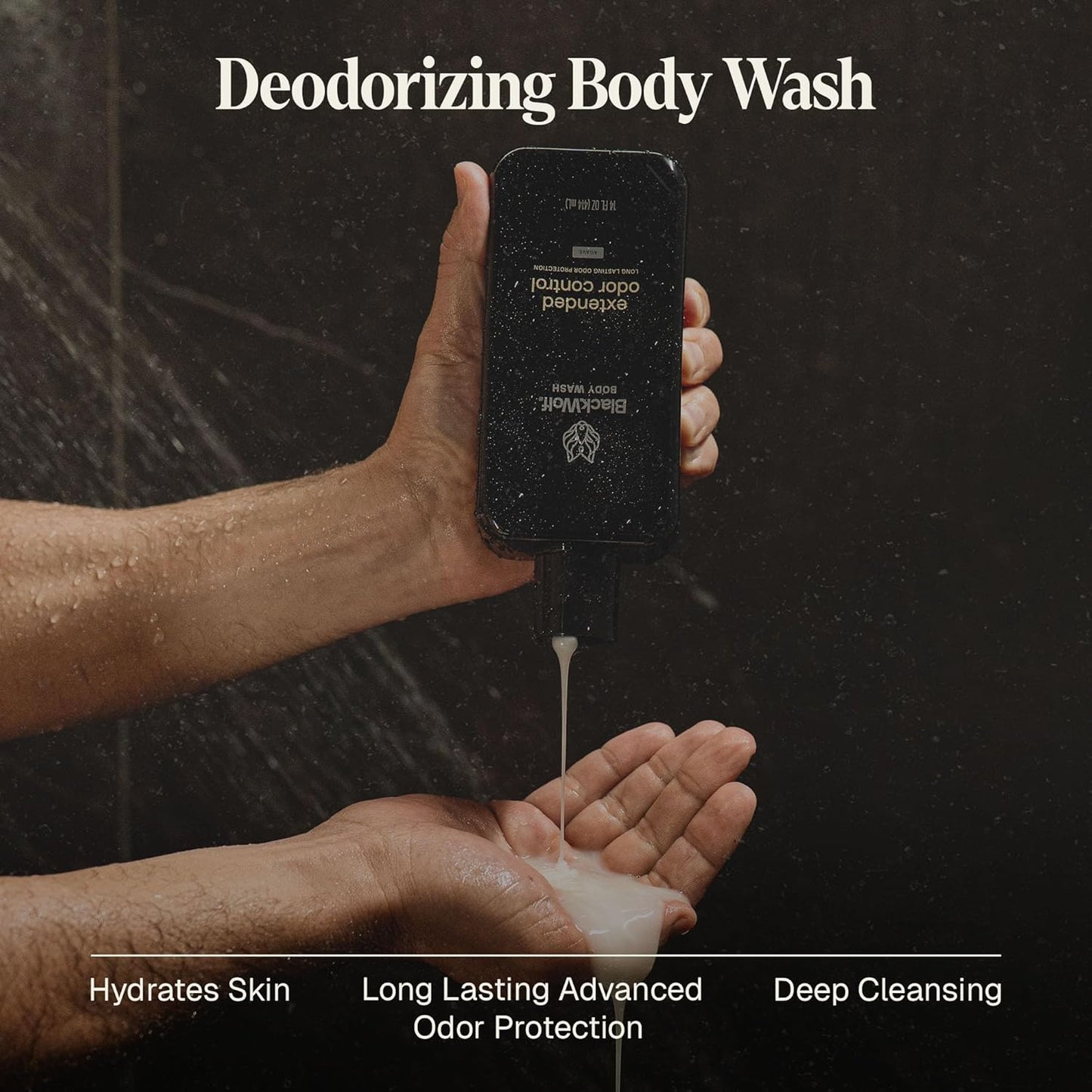 Black Wolf Deodorizing Body Wash for Men - Mens Long-Lasting Shower Gel Fights Body Odor - Hydrating & Moisturizing Body Cleanser Soap Removes Grime, Sweat & Buildup - Clean & Crisp Agave Scent