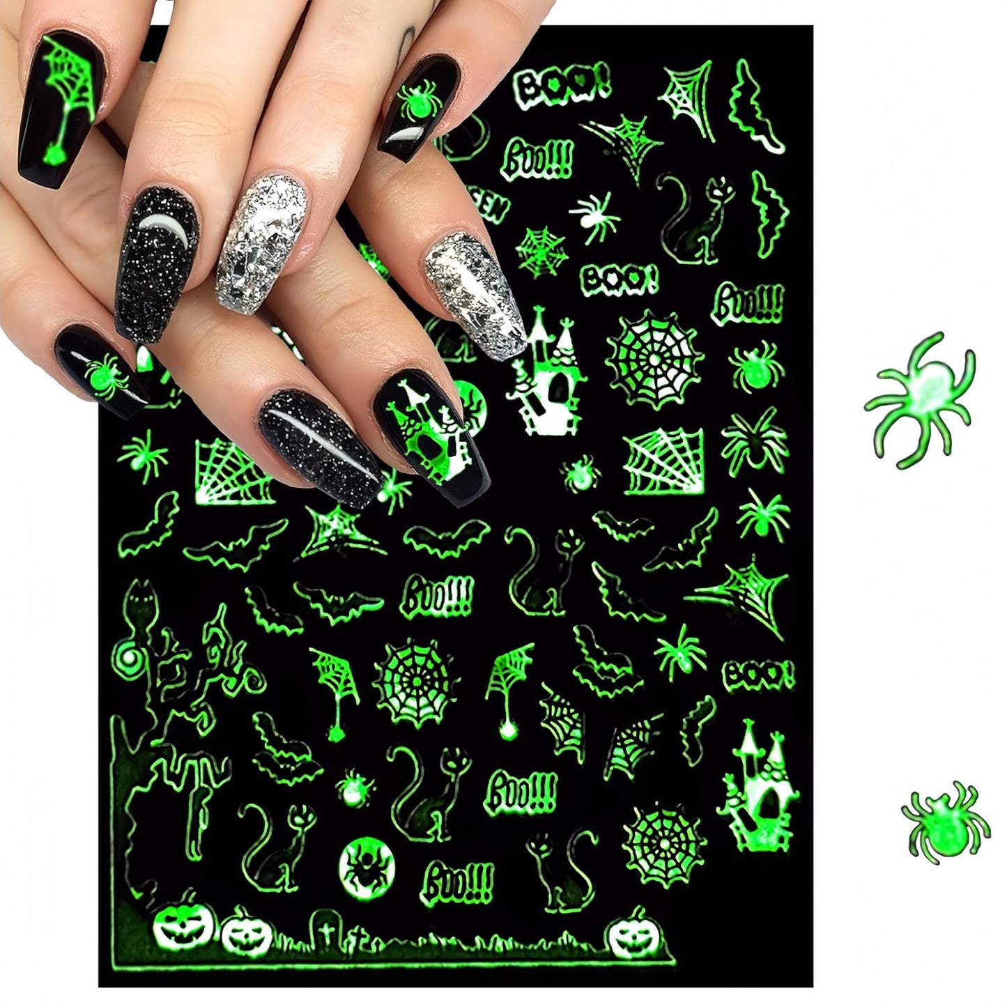 6Sheets Halloween Nail Art Stickers 3D Fluorescent Design Nail Decals Self-Adhesive Halloween Nail Supply Skeleton Pumpkin Spider Ghost Nail Sticker for Holiday Women Girls DIY Manicure Decoration