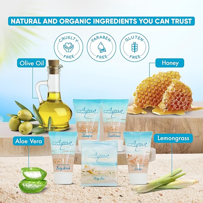 Aqua Organics Hotel Soaps and Toiletries Bulk Set | 1oz Hotel Shampoo & Conditioner, Body Wash, Body Lotion & 1oz Bar Soap Travel Size | 300 Pieces