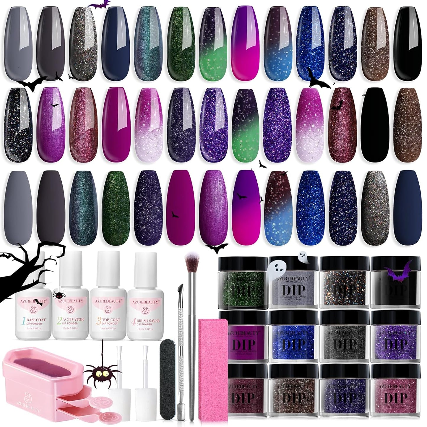 AZUREBEAUTY Dip Powder Nail Kit Starter Color Changing Glitter 20 Colors Magic Special Effect Dipping Powder Liquid Set with Base/Top Coat Activator for French Nails Manicure DIY Salon