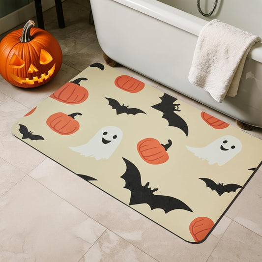 Halloween Bath Mat, Thin Bathroom Rug Non Slip Quick Dry Pumpkin Bath Mat Fits Under Door Thin Floor Mat Halloween Decor, 17''x30'', Pumpkins Bats and Ghost
