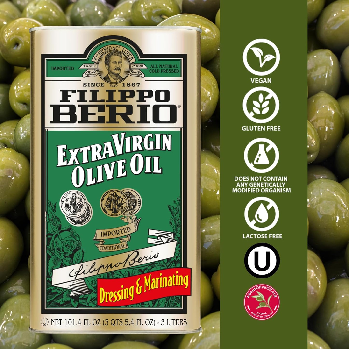 Filippo Berio Cold Pressed Extra Virgin Olive Oil, 1 Liter Tin (33.8 Ounce)