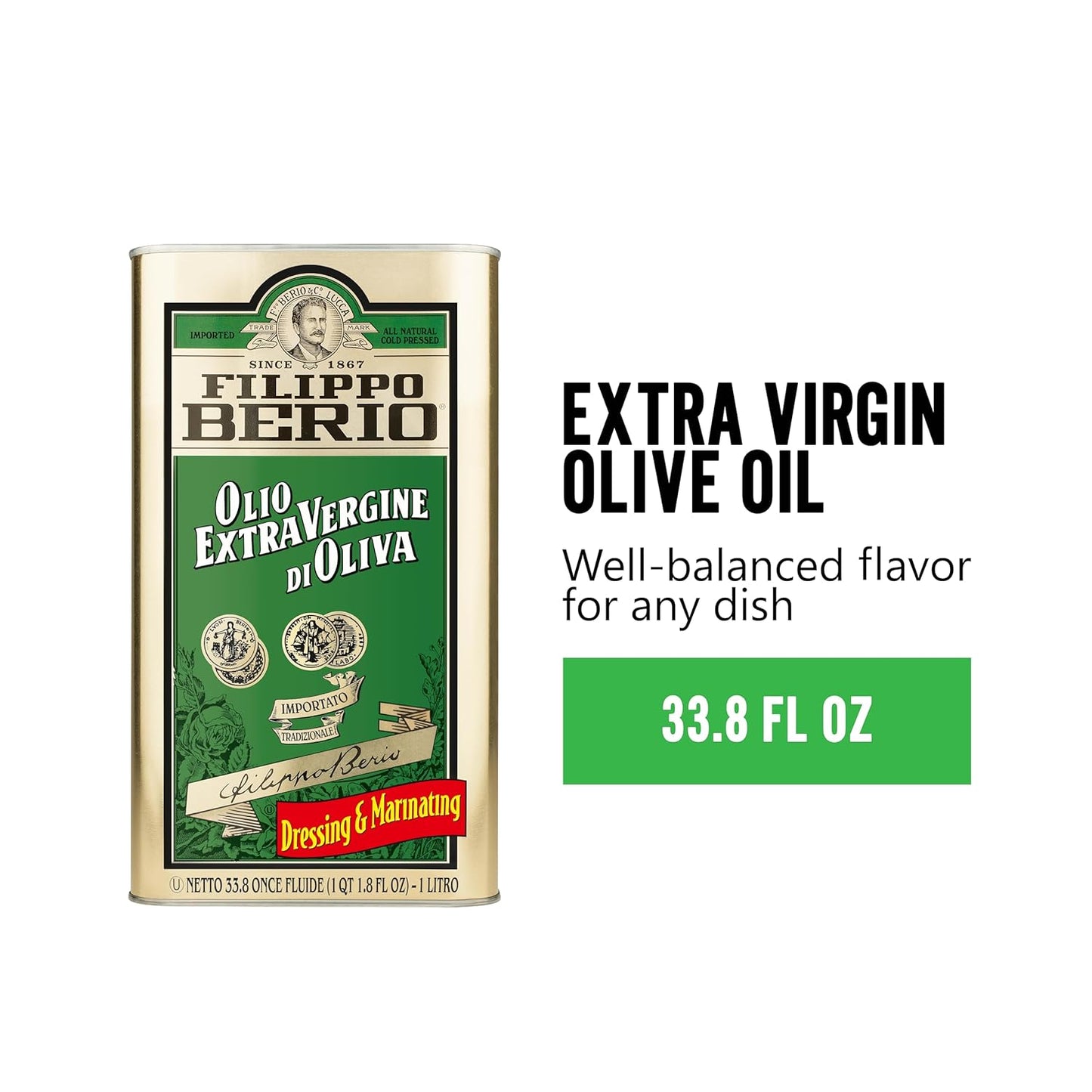 Filippo Berio Cold Pressed Extra Virgin Olive Oil, 1 Liter Tin (33.8 Ounce)