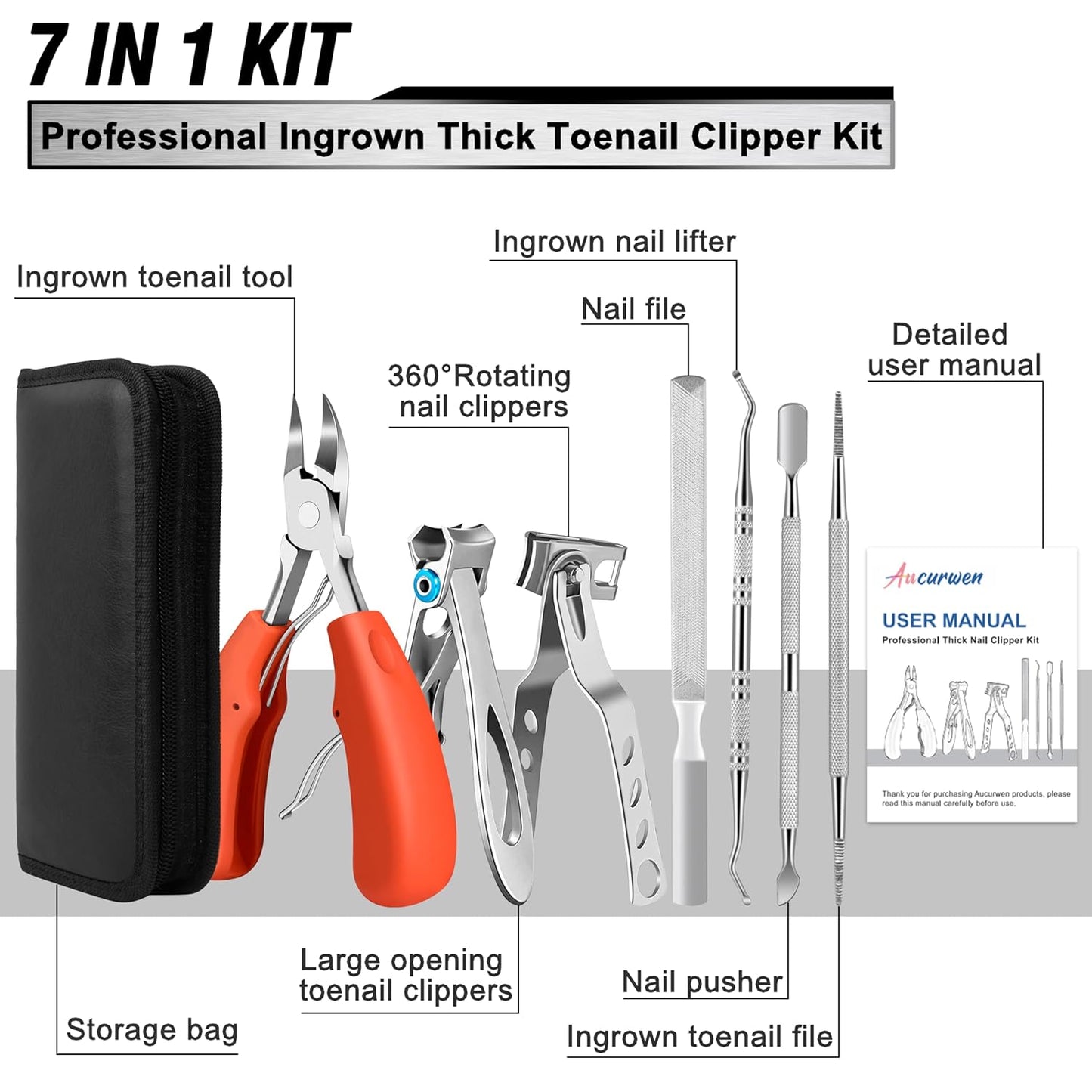 Toenail Clippers for Seniors Thick Toenails, Aucurwen Heavy Duty Toe Nail Clippers Adult Thick Nails Long Handle, Large Toenail Clippers for Thick Nails 7Pcs(Orange)