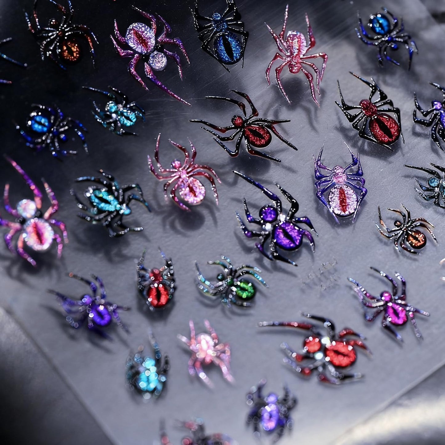 Halloween Nail Stickers 1 Sheet 3D Embossed Nail Art Stickers DIY Self-Adhesive Nails Decals Stickers with Colorful Spider Glitter Designs Holiday Nail Art Decorations