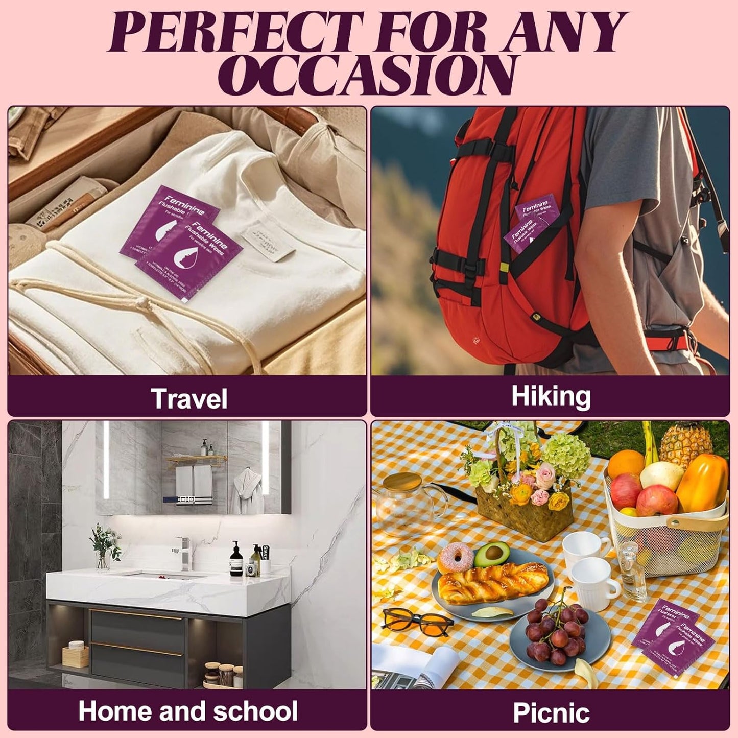 Feminine Wipes Individually Wrapped, Flushable Wipes Travel,Travel Wipes for Women,Feminine Care Wet Wipes Travel Size Vaginal Wipes for Adult, Girl and Homeless (unscent,50)