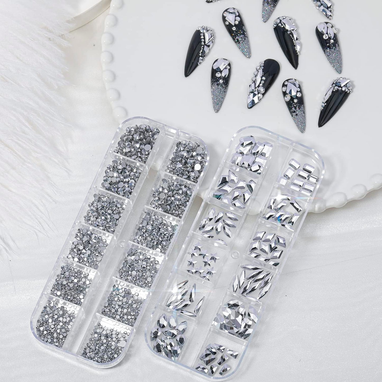 Nail Rhinestones - 3D Multi Shape Size, Flat Back, Manicure Rhinestones Charms, Crystal Silver Gems, with Kit, for Nail Art, Bedazzling Acrylic Nails, DIY Decor