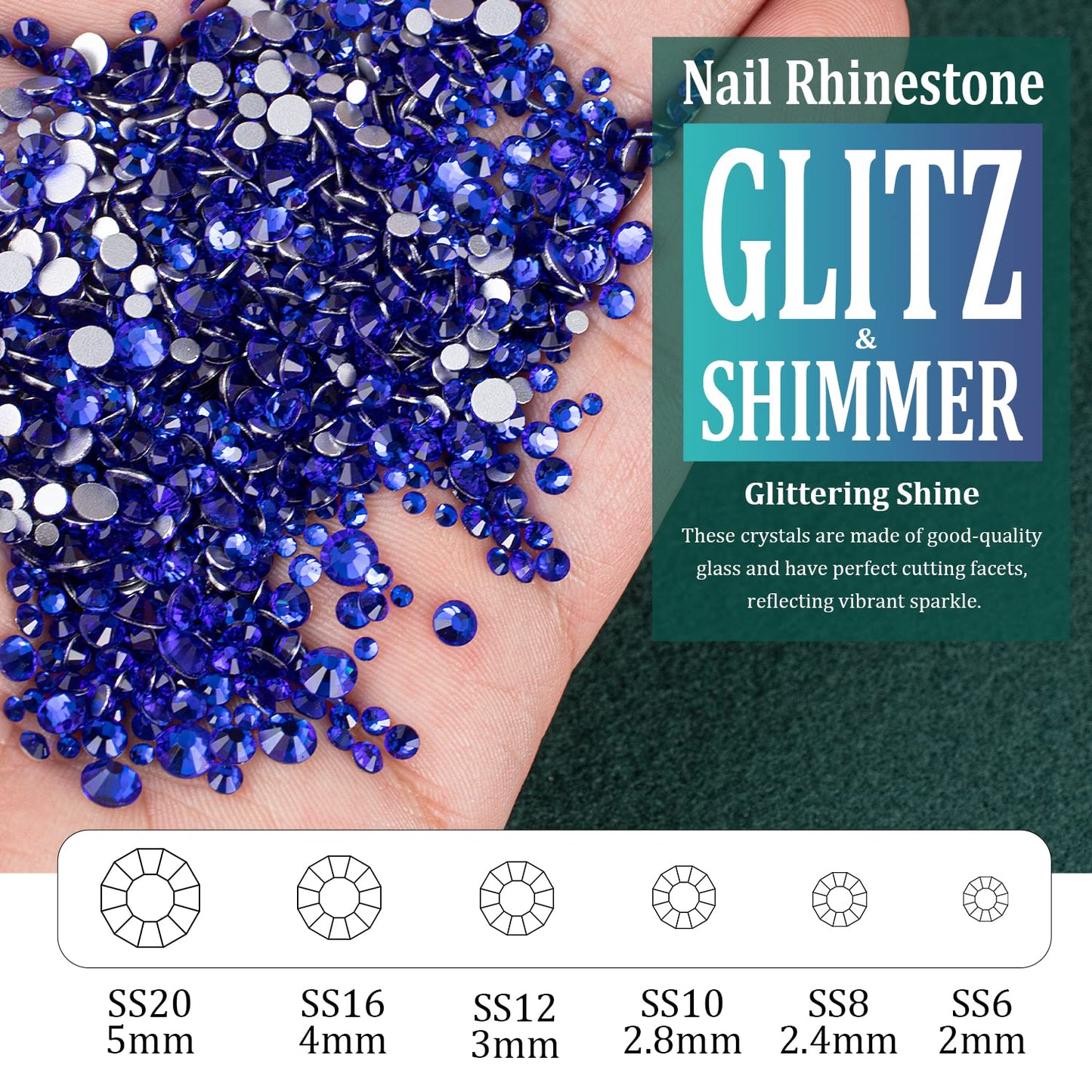 6 Sizes Royal Blue Glass Crystal Kit with Pickup Pen + Tweezer Tools for Shine Nail Art Manicure Makeup DIY Decoration Flatback Round Rhinestone Gem Jewelry Diamond