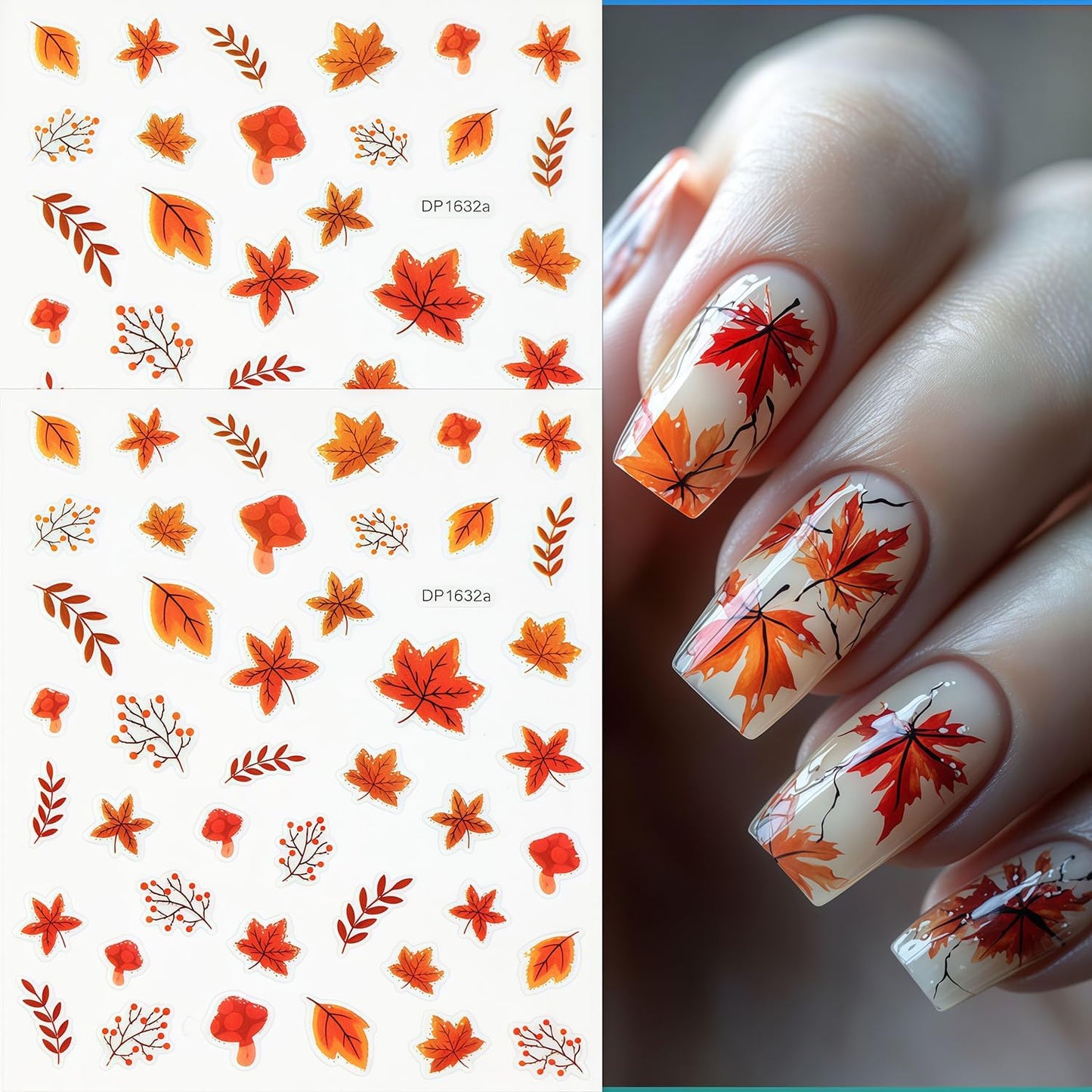 6 Sheets Autumn Nail Art Stickers Fall Maple Leaves Nail Stickers 3D Self-Adhesive Thanksgiving Pumpkin Pattern Nails Sticker Fall Glitter Leaf Nail Decals Holiday DIY Nails Manicure for Women