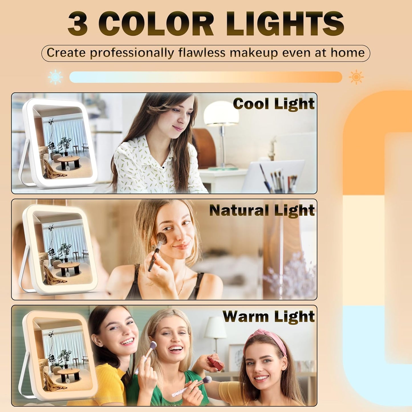 10"x8" Portable Lighted Makeup Mirror with 3-Color Dimmable LED, Touch Screen Vanity Mirror for Travel or Bedroom Desk (White)