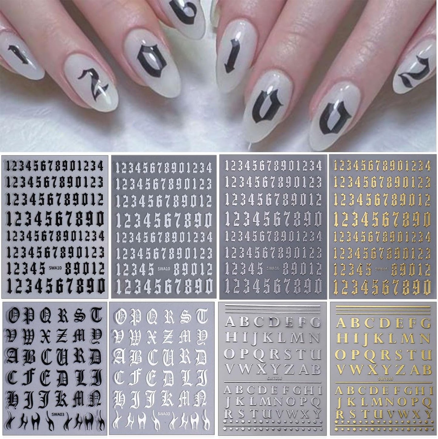 8 Sheets Letters Nail Stickers Decals Alphabet Numbers Nail Decals for Nail Art 3D Self-Adhesive Metallic Black Silver Gold Nail Art Stickers Supplies for Women Girls Nail Decoration Manicure