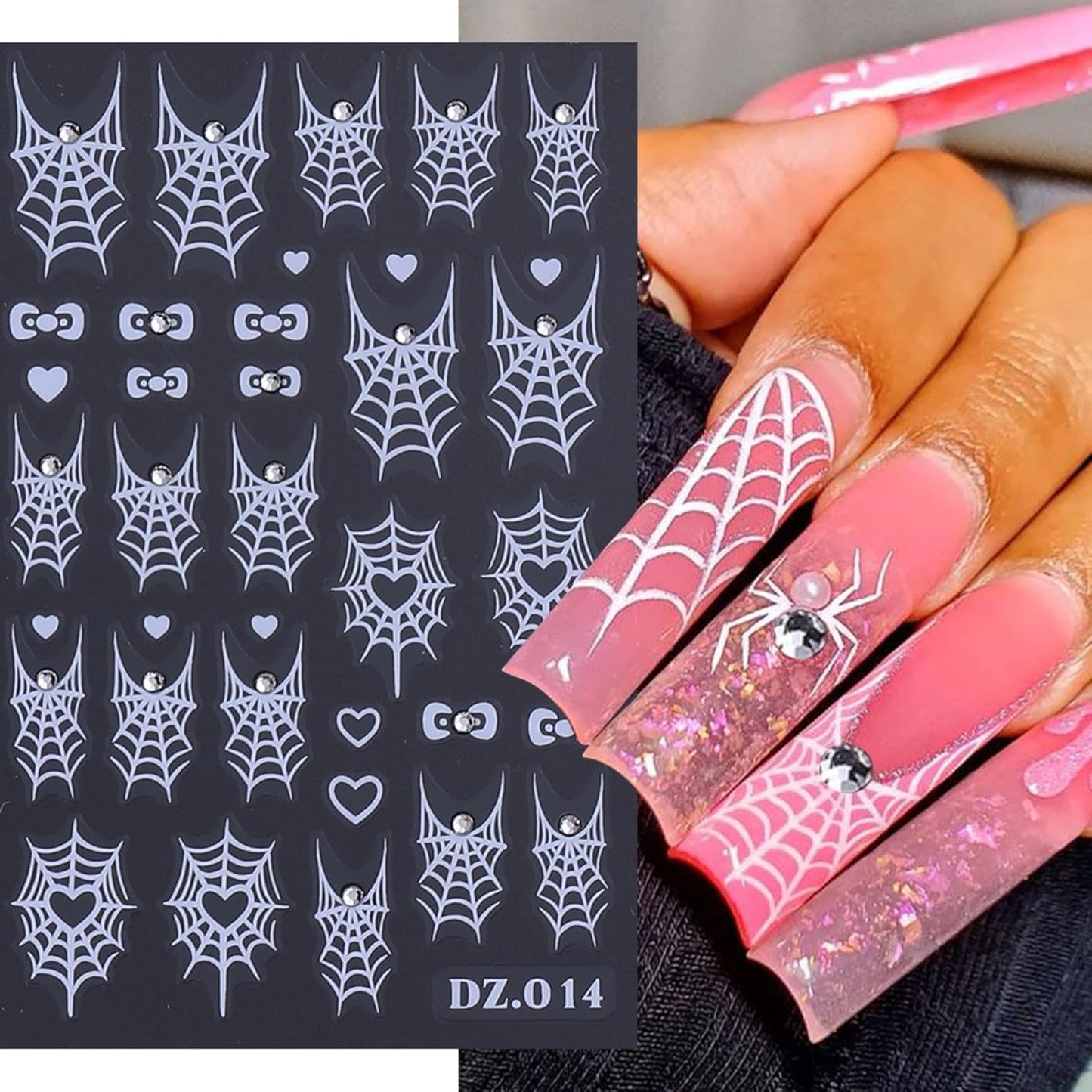 Halloween Nail Art Stickers Decals 4PCS White Spider Web Spider Nail Decals with Rhinestone Crystal Spider Web Spider Nail Stickers Bow Heart Halloween Nail Art Supplies for Women Manicure Decorations
