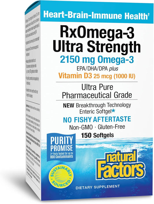 Natural Factors RxOmega-3 Ultra Strength Fish Oil with Vitamin D3, High Potency Formula, 2,150 mg, No Fishy Aftertaste, 150 Softgels