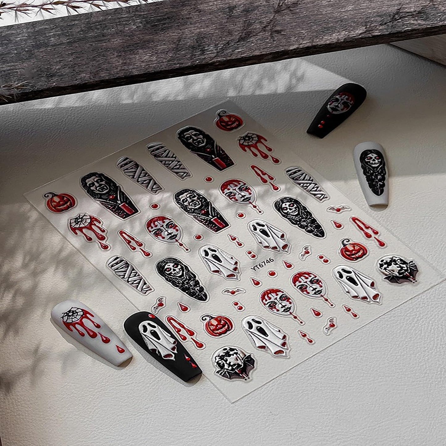 Halloween Ghost Nail Stickers 3D Embossed Stickers for Nails Spooky Nail Decals with Mummy Blood Drop Pumpkin Designs DIY Self Adhesive Nails Art Decoration