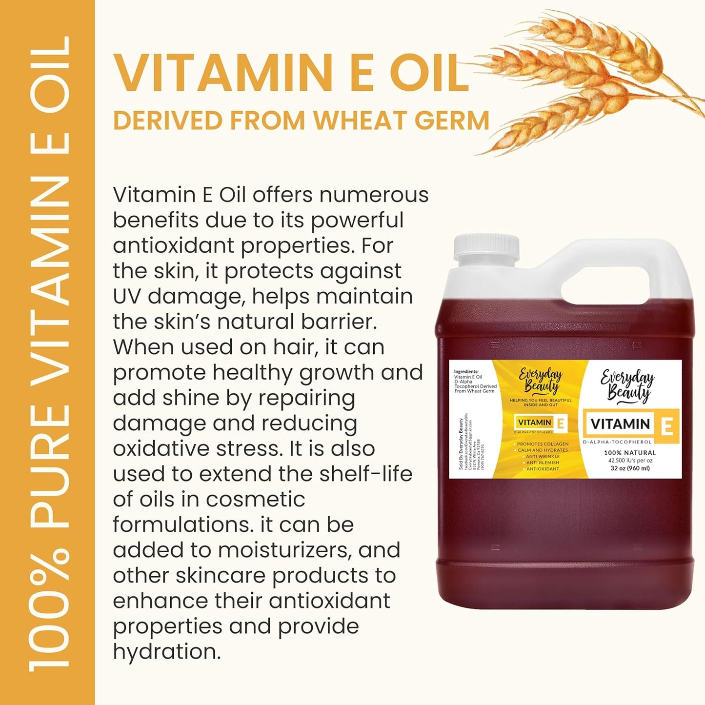 Pure Vitamin E Oil Bulk - 32 oz D-Alpha Tocopherol 100% Pure & All Natural 42,500 IU per oz - Not a Blend, Thick, Amber Color - from Wheat Germ - Face Body Hair - DIY Cosmetics & After Surgery Scars