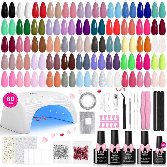 Beetles Gel Nail Polish Kit with U V Light - 80Pcs Fall Nail Fest Color Enchantment 55 Colors Gel Polish Starter Kit with Base Top Coat DIY Nails Stickers Manicure Tools Gift for Women Teens Girls