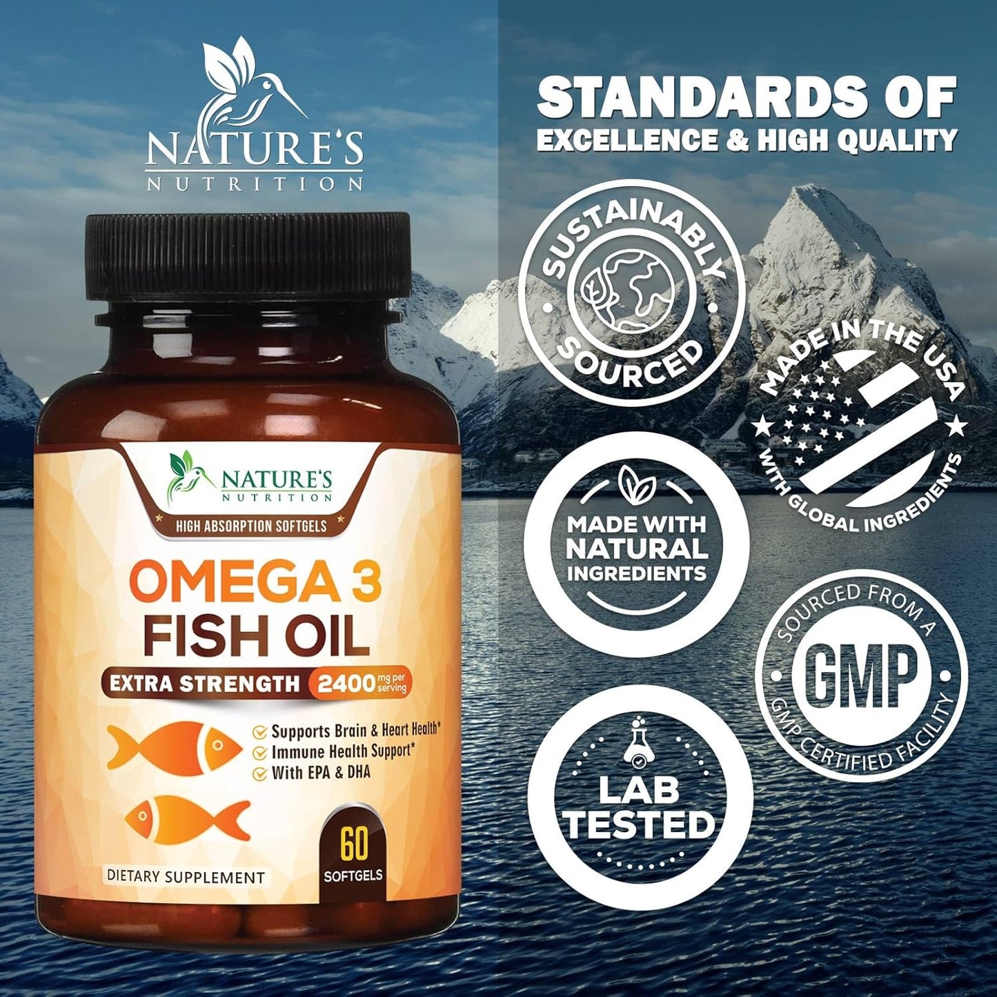 Omega 3 Fish Oil 2400 mg – Triple Strength EPA & DHA Fatty Acids for Heart, Brain & Joint Support – Wild-Caught, Burpless, Lemon Flavor Supplement – Natural, Non-GMO, Gluten-Free – 60 Softgels
