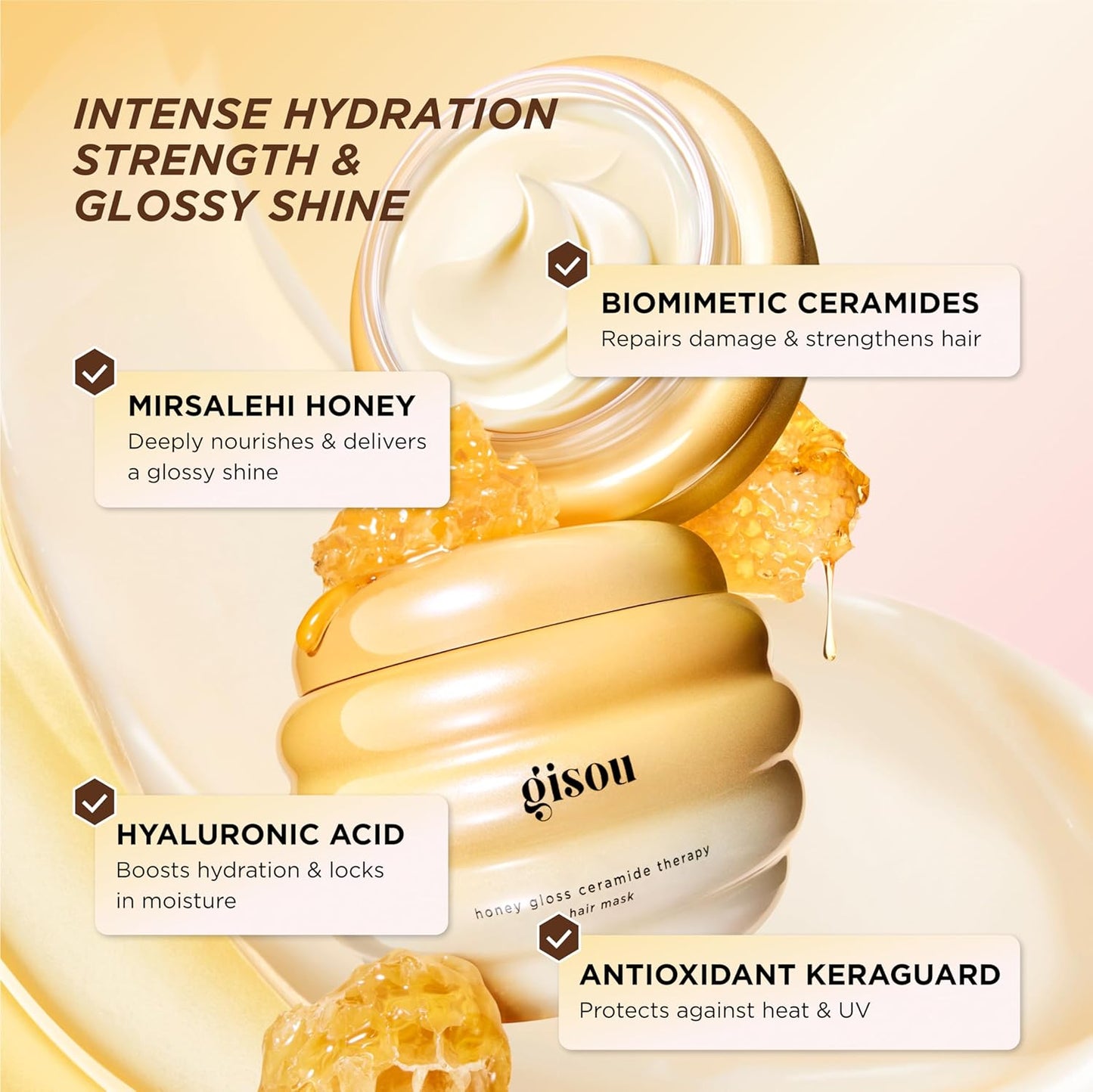 Gisou Honey Gloss Ceramide Therapy Hair Mask, Deep Hydration & Repair, Mirsalehi Honey, Ceramides & Hyaluronic Acid, 4x Stronger Hair & +85% Shine, Suitable for All Hair Types