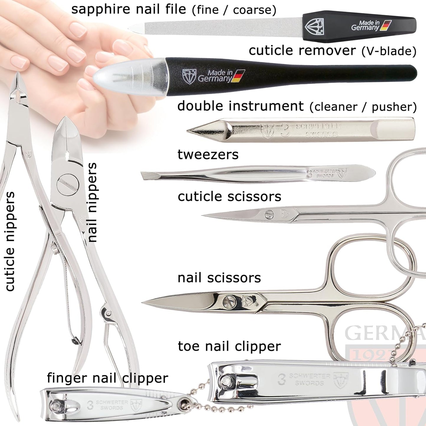 3 Swords Germany - brand quality 10 piece manicure pedicure grooming kit set for professional finger & toe nail care scissors clipper fashion leather case in gift box, Made by 3 Swords (00286)